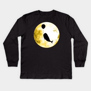 Whale flies with a balloon, black silhouette on the yellow moon Kids Long Sleeve T-Shirt